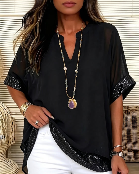 Bluse Paljett Patchwork Sheer Løs
