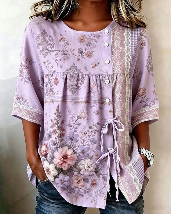 Bluse Retro Blomstermønster Avslappet