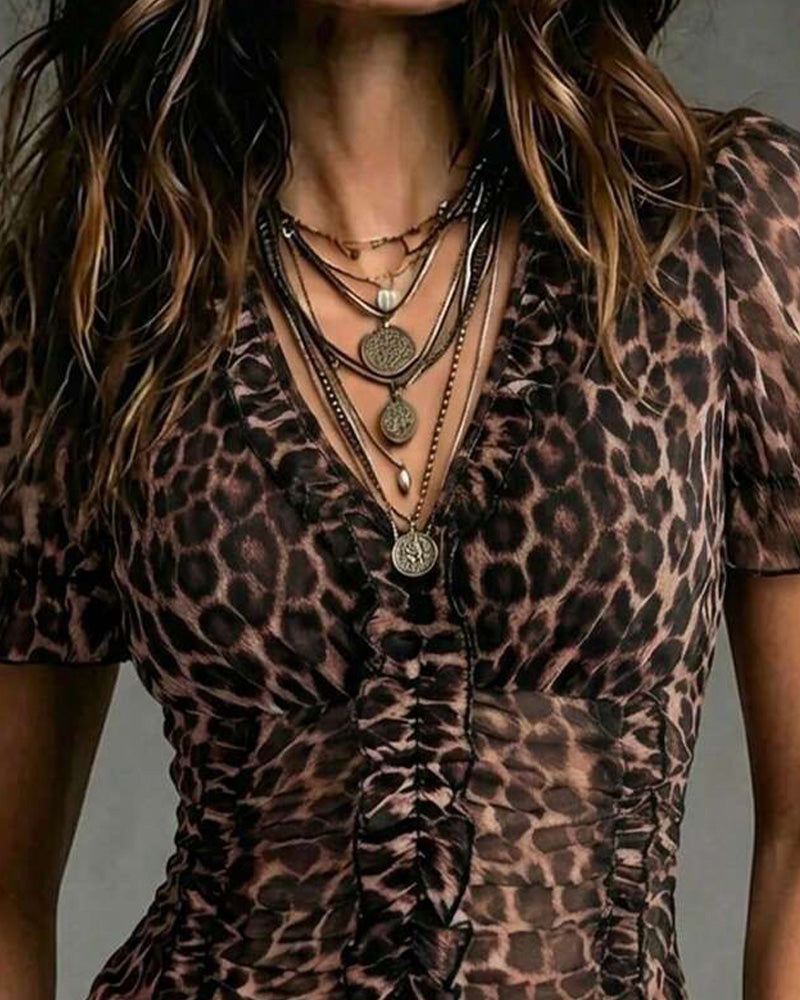 Bluse V-Hals Leopard Trykk Ruffle Puffererme