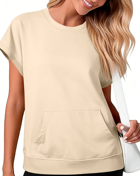 Bluse Forlomme Ensfarget Rund Hals