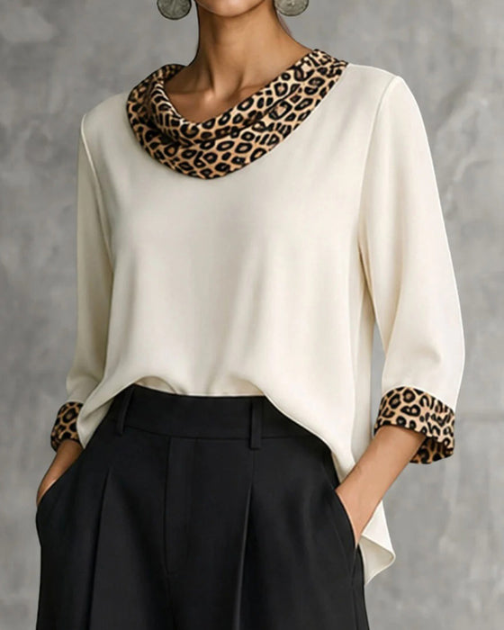 Bluse Leopard Panel Cowl Neck Albuelang Erme