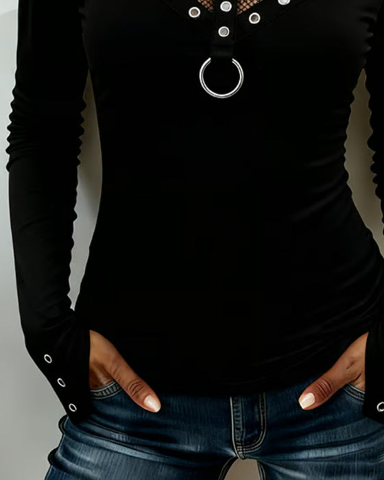 Bluse Rund Hals Blonde Panel Utskjæring Metallring