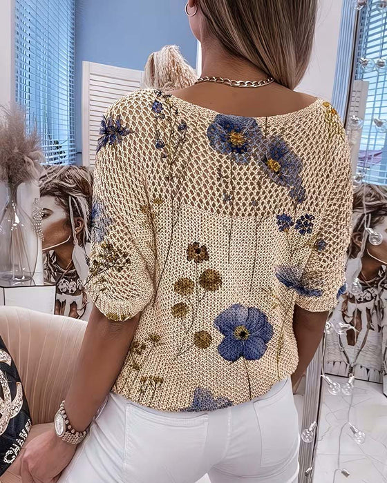 Pullover Rund Hals Blomstret Uthuling Løs