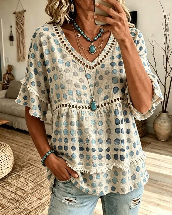 Bluse Frynser V-Hals Prikket Babydoll