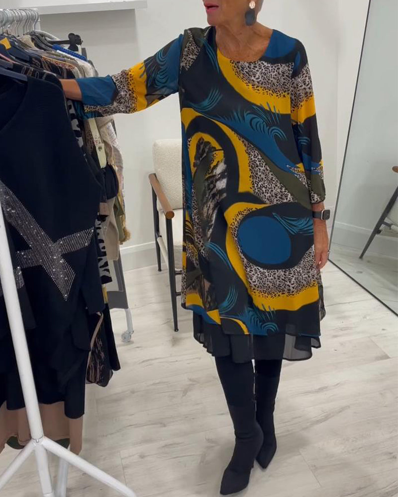 Elegant Trykt Kjole Med Rund Hals