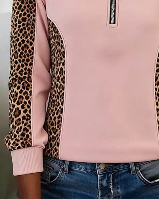 Sweatshirt Leopardmønster Halv-Zip Jakkeslag