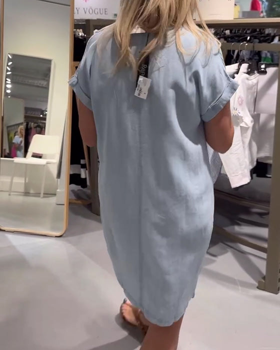 Kjole V-Hals Kort Erme Denim Uformell