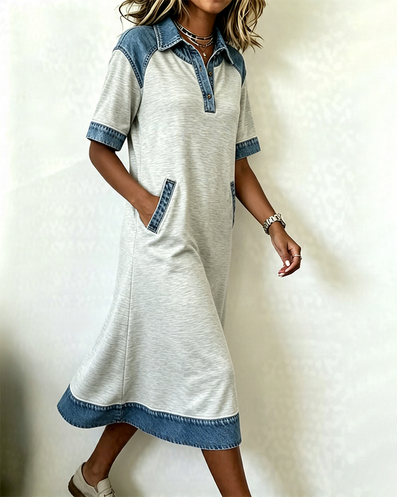 Kjole Skjortekrage Denim Patchwork Lomme