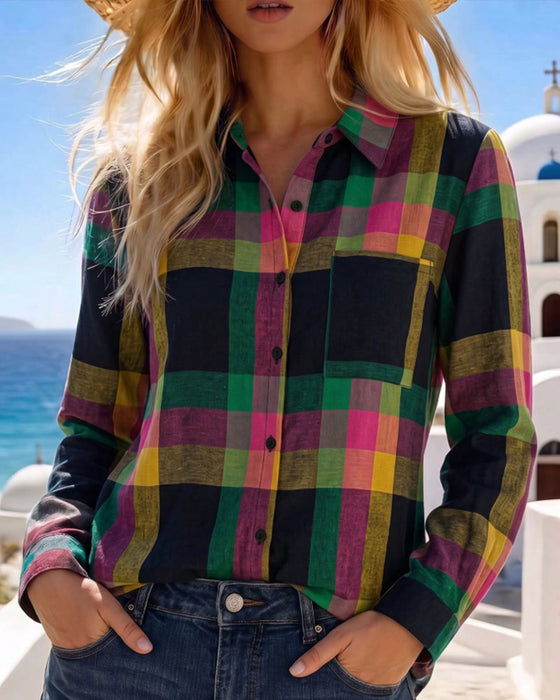 Bluse Krage Lomme Rutete Skjorte
