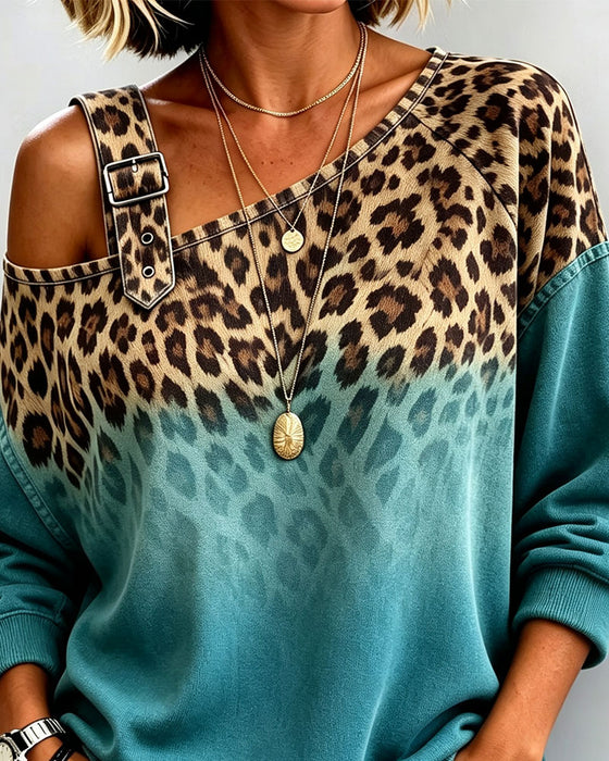 Top Gradient Off-skulder Leopard Trykk