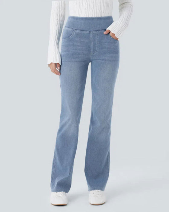 Bukser Høy Midje Denim Lomme Vide Bena