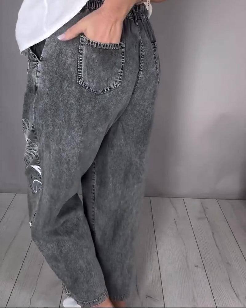 Jeans Blomstret Trykk Nedslitt