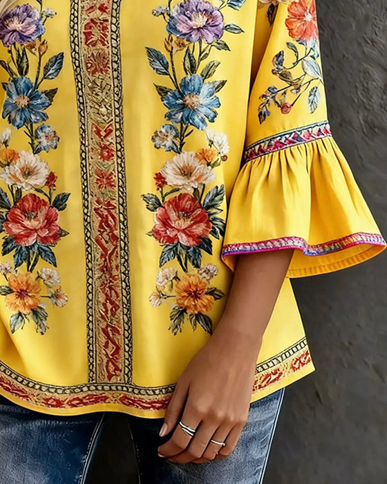 Bluse Rysje Utsvinget Erm Blomstret