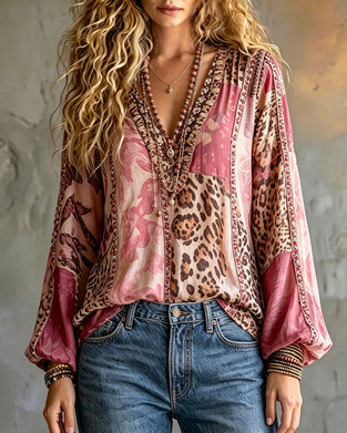 Bluse V-Hals Leopardsmønster Fargeblokk Lykterme
