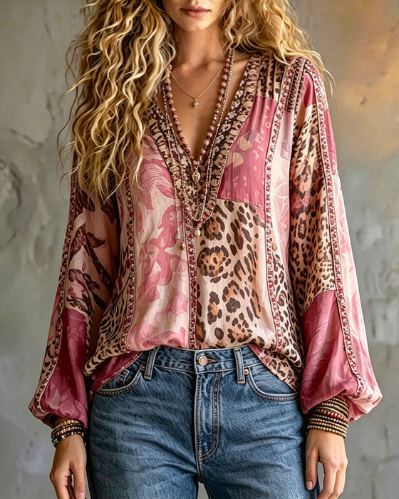 Bluse V-Hals Leopardsmønster Fargeblokk Lykterme