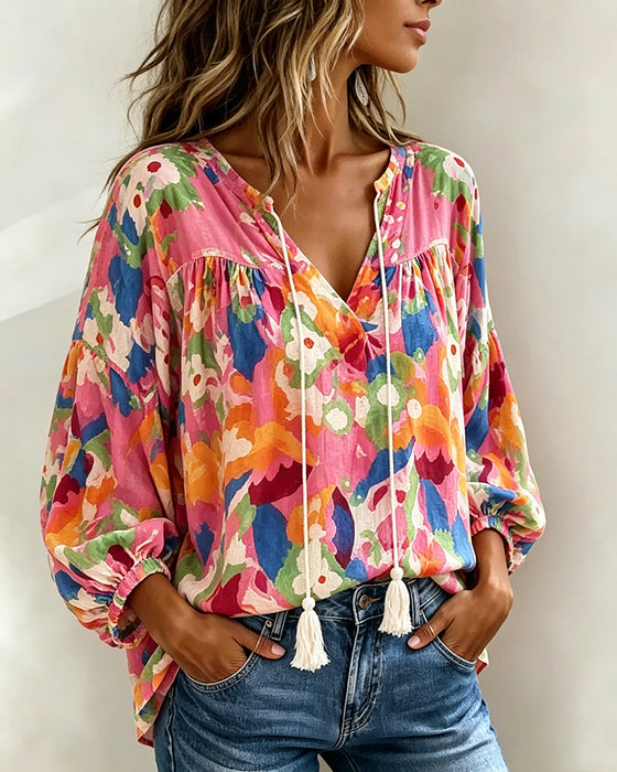 Bluse Fargerik Trykt Lykteerm Frynser