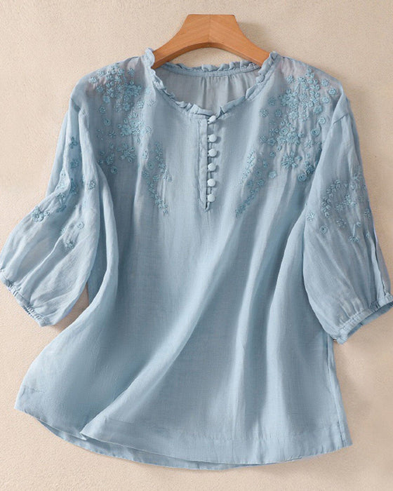 Bluse Broderi 3/4-Erm Ensfarget