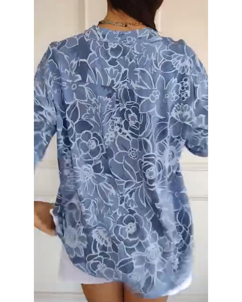 Bluse V-hals Knapper Nedtrykt