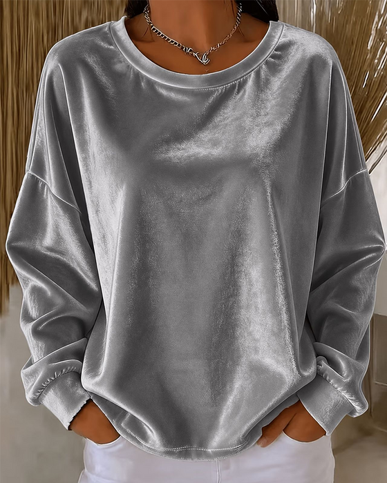 Bluse Rund Hals Drop Skulder Avslappet Lang Erme