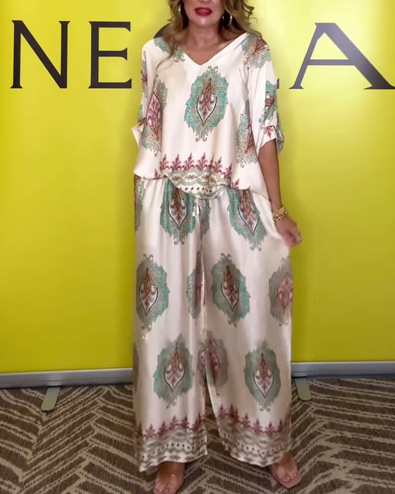 Sett Temperamentsfull V-Hals Cashewhvidde Bukse