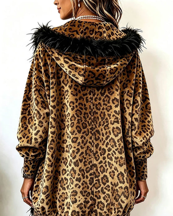 Kåpe Leopardmønster Plysj Hetting