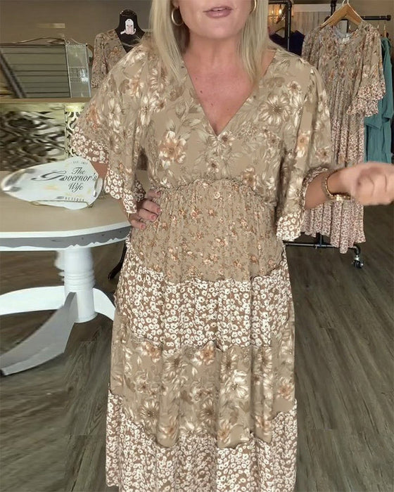 Kjole V-Utringning Lotusserm Blomstret