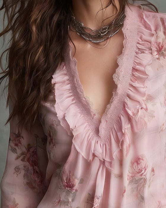 Bluse Blomstret V-Hals Rysjet