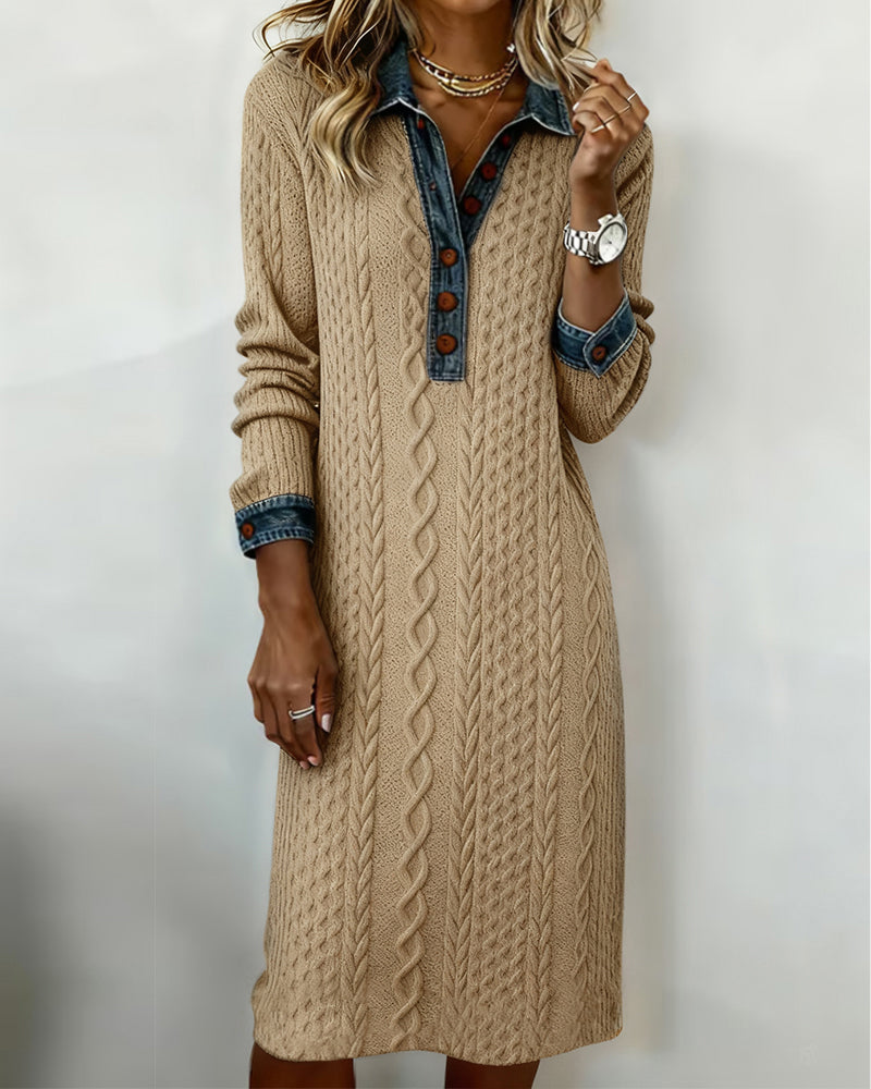 Kragekjole I Denim Med Flettestrikk Og Lappverk