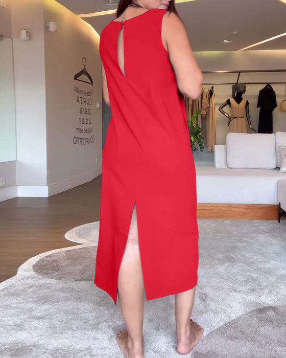 Kjole avslappet v-hals ermeløs ensfarget splitt