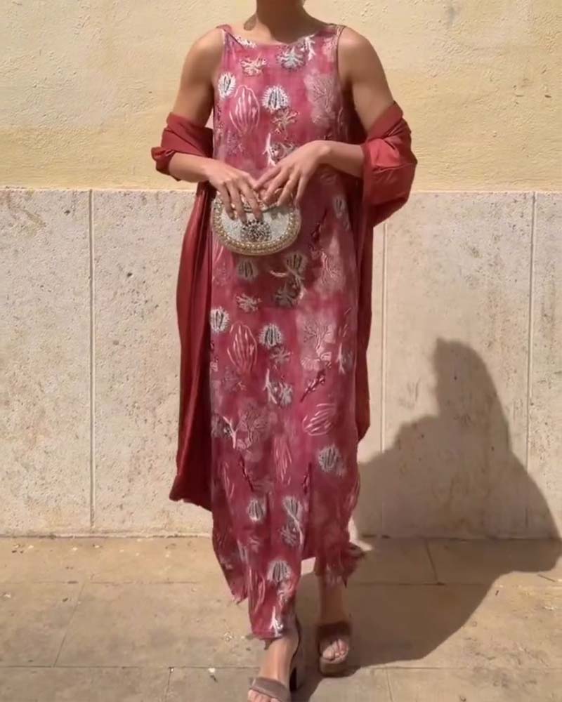 Sett Ermeløs Maxi Kjole + Matchende Cardigan