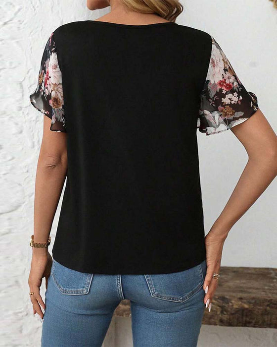 Bluse Kortermet Snøring Trykket