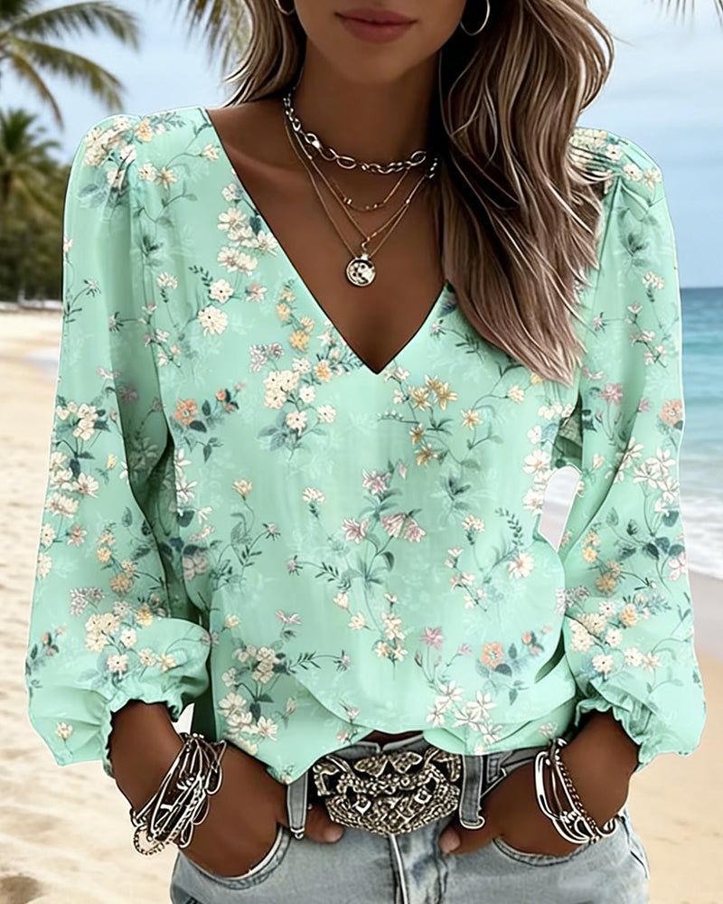 Bluse Blomstret V-Hals Pufferme