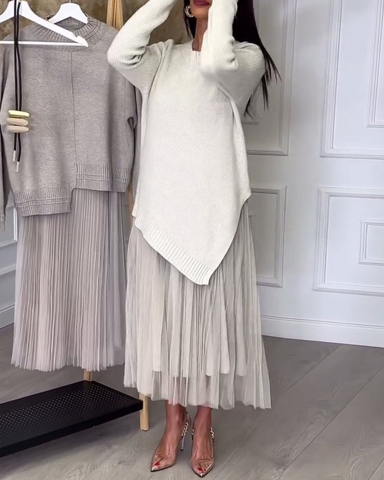 To-Delt Sett Med Genser Og Skjørt I Rund Hals Og Uregelmessig Design