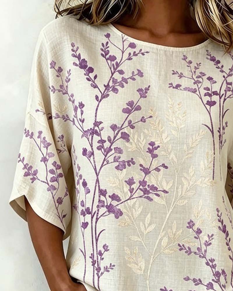 Bluse Rund Hals Patchwork Løs