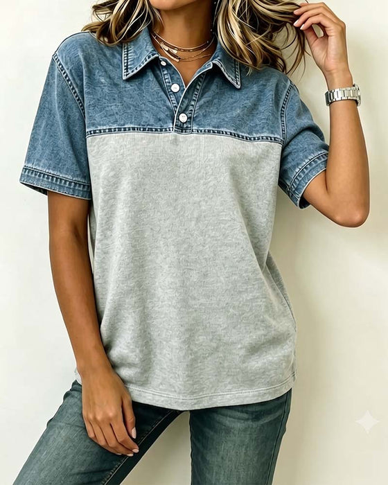 Bluse Kort Erme Skjorte Krage Denim Patchwork