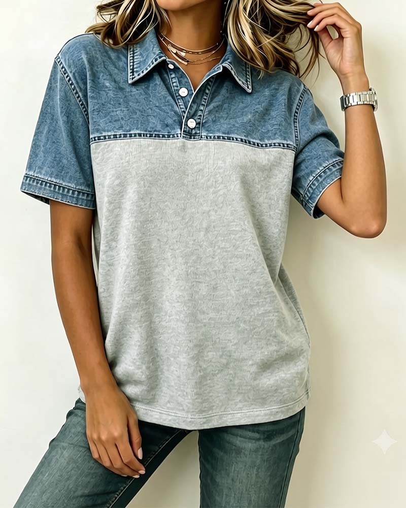 Bluse Kort Erme Skjorte Krage Denim Patchwork