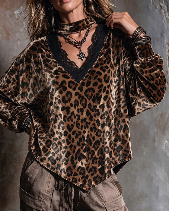 Bluse V-Hals Leopard Uregelmessig