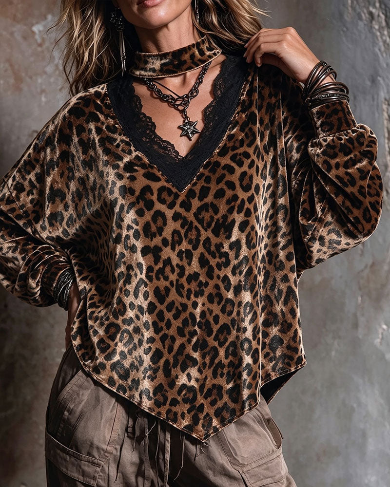Bluse V-Hals Leopard Uregelmessig
