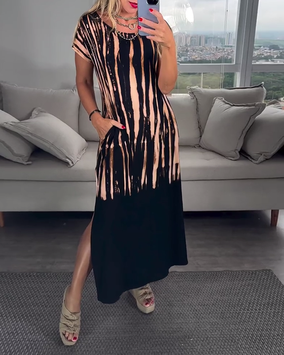 Kjole avslappet kortermet splitt rund hals trykt