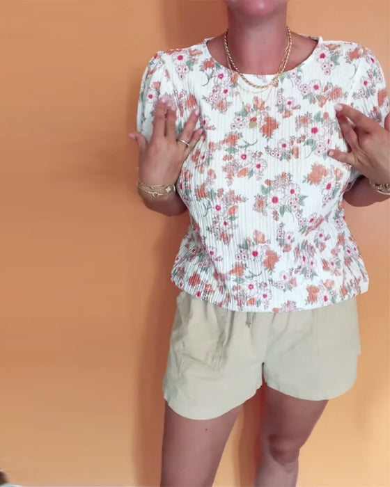 Bluse Rund Hals Blomstret Kort Erme