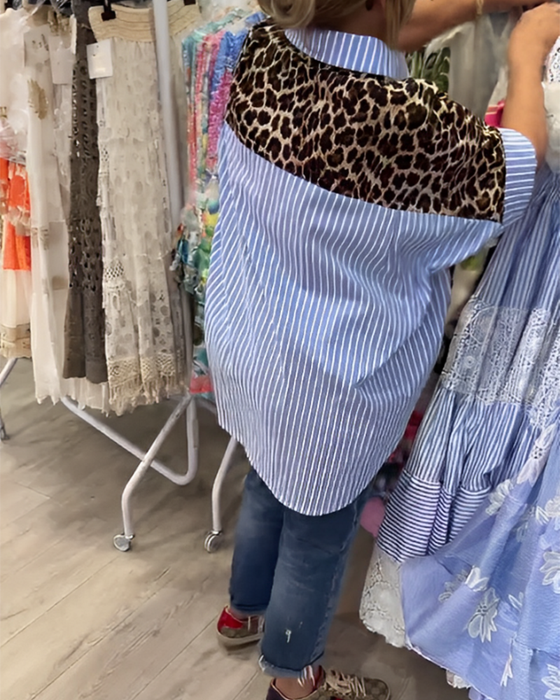 Stripet Revers Leopardmønster Skjorte