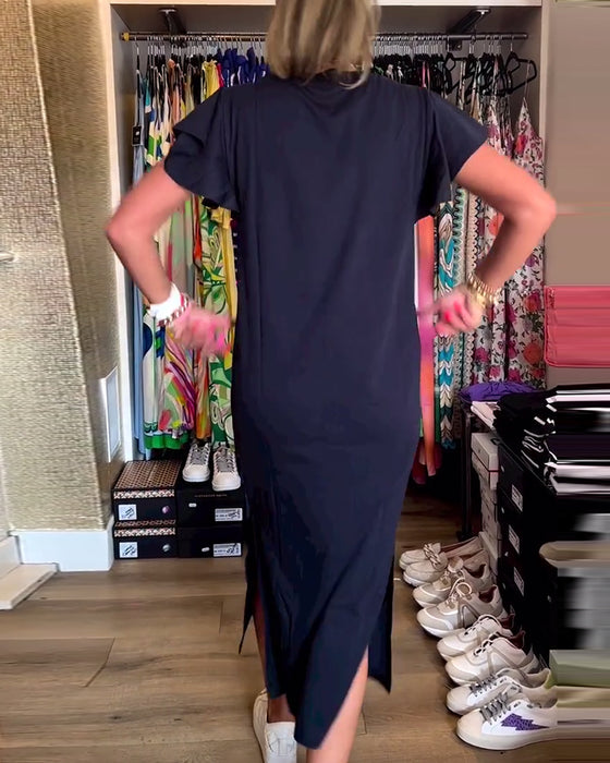 Uformell kjole med volangermer med bokstavtrykk