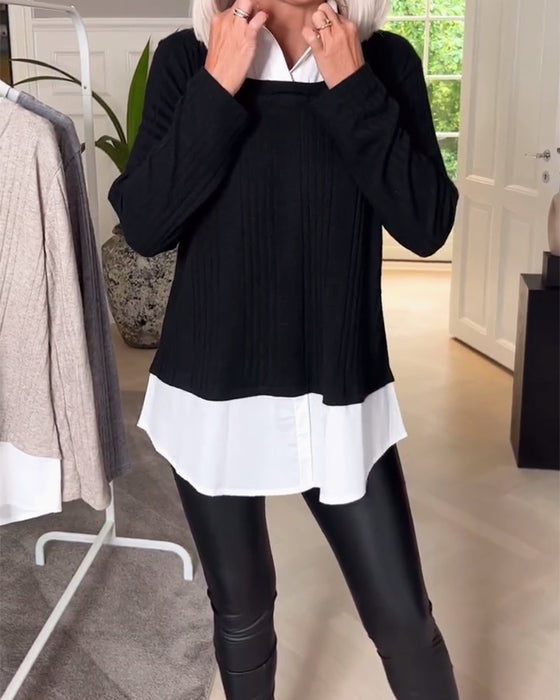 Uformelt jakkeslag i todelt topp med patchwork og lange ermer