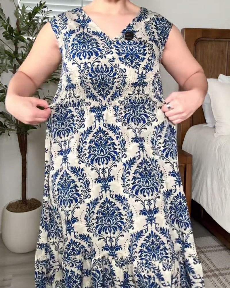 Kjole Retro Trykt Ermeløs Maxi