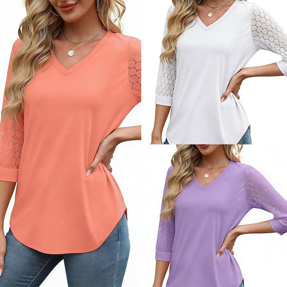 Sett Hul Trekvart Erme Solid Farge Topp