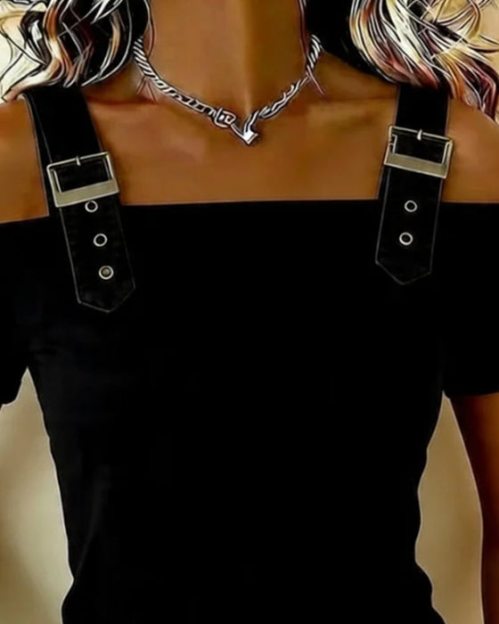 T-Skjorte Justerbart Spenne Off-Shoulder Ensfarget Avslappnet