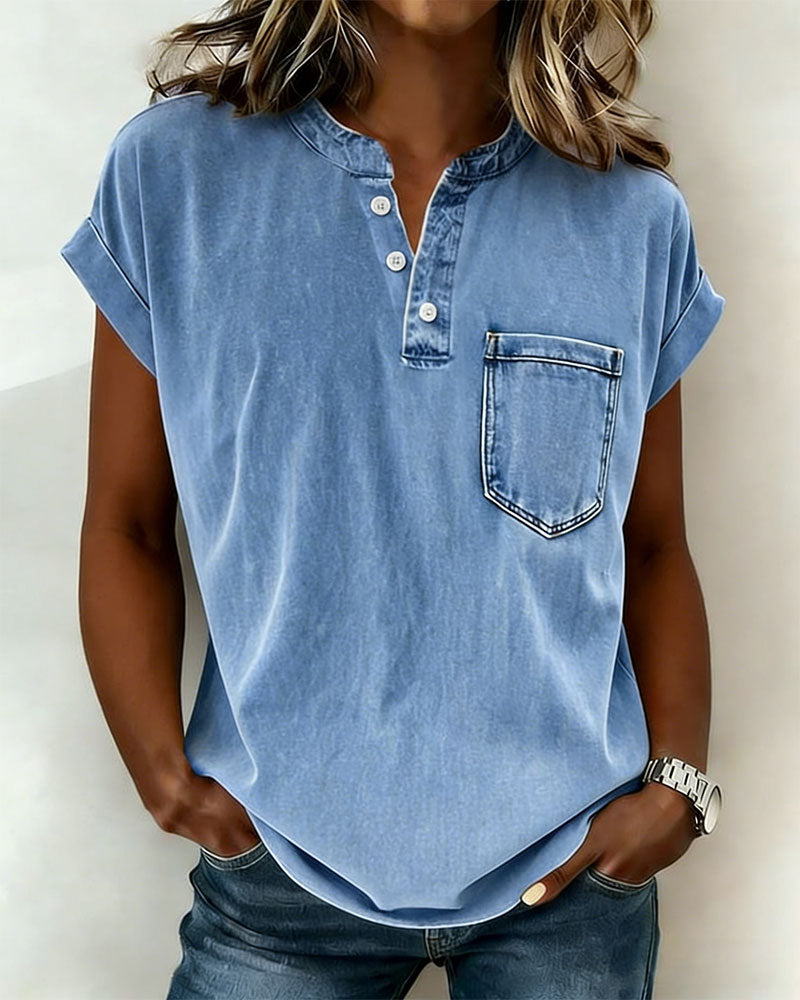 Topp Vasket Denim Henley Kort Erme