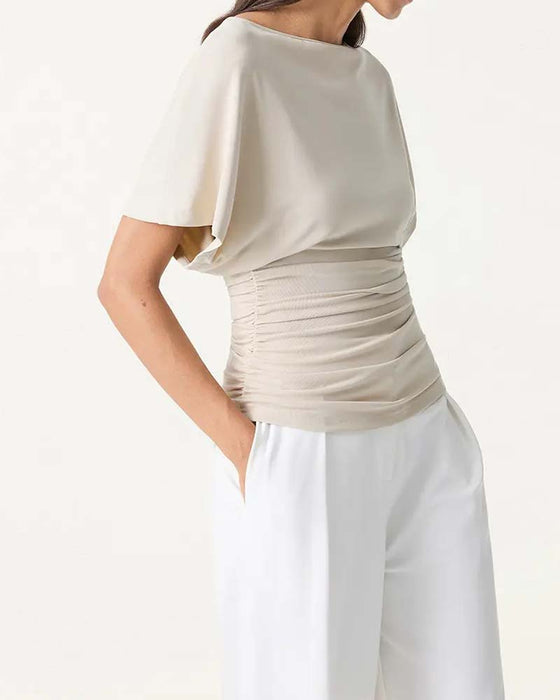 Bluse Casual Solid Plissert Kort Erme