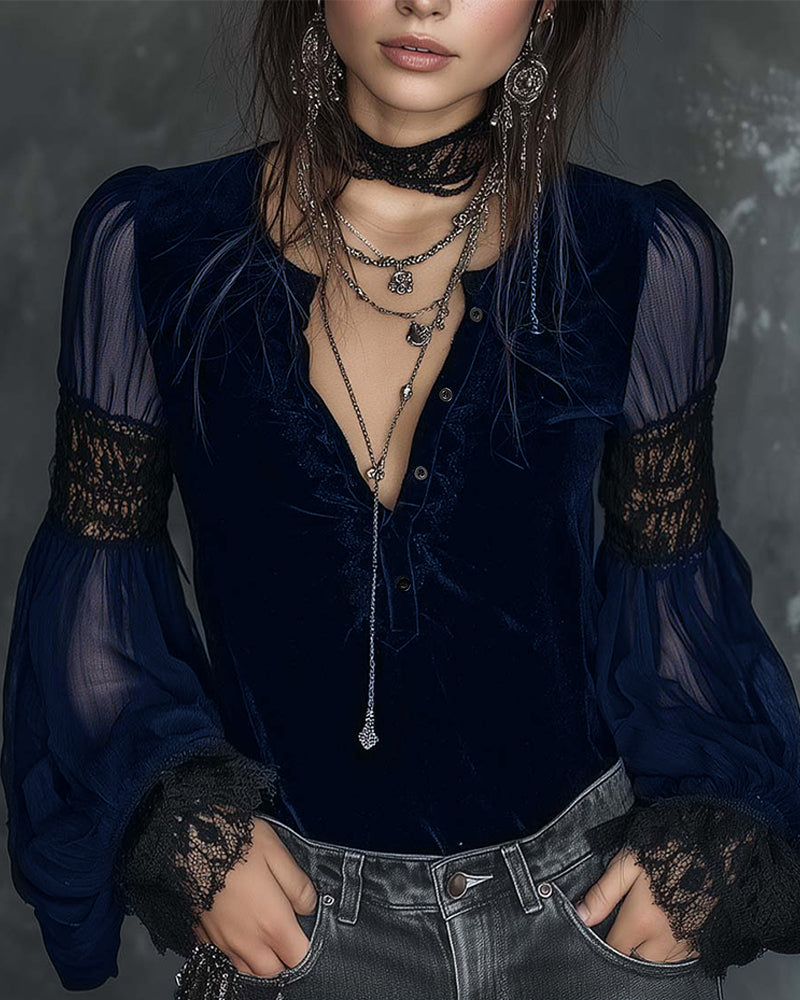 Bluse Kneppet V-Hals Puf ermet