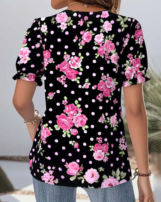 Bluse V-Hals Blonder Lanterne Ermer Trykket